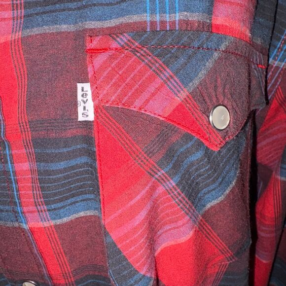 Levis Shirt Long Sleeve/Large/Red Plaid Pearl Snap/Front Pockets/Western/Boho - Picture 6 of 6